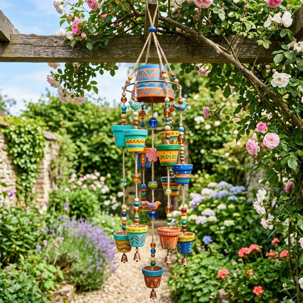 DIY wind chime made from painted clay pots
